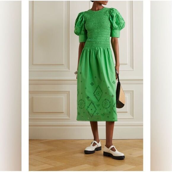 Ganni Broderie Anglaise Cotton Midi Dress in Kelly Green F7208 Women’s 38 / 8 US - Picture 5 of 16